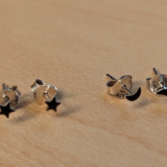 Moon and Star Sterling Silver Stud Earrings (2 pairs) ⭐🌙 - Picture 2 of 3
